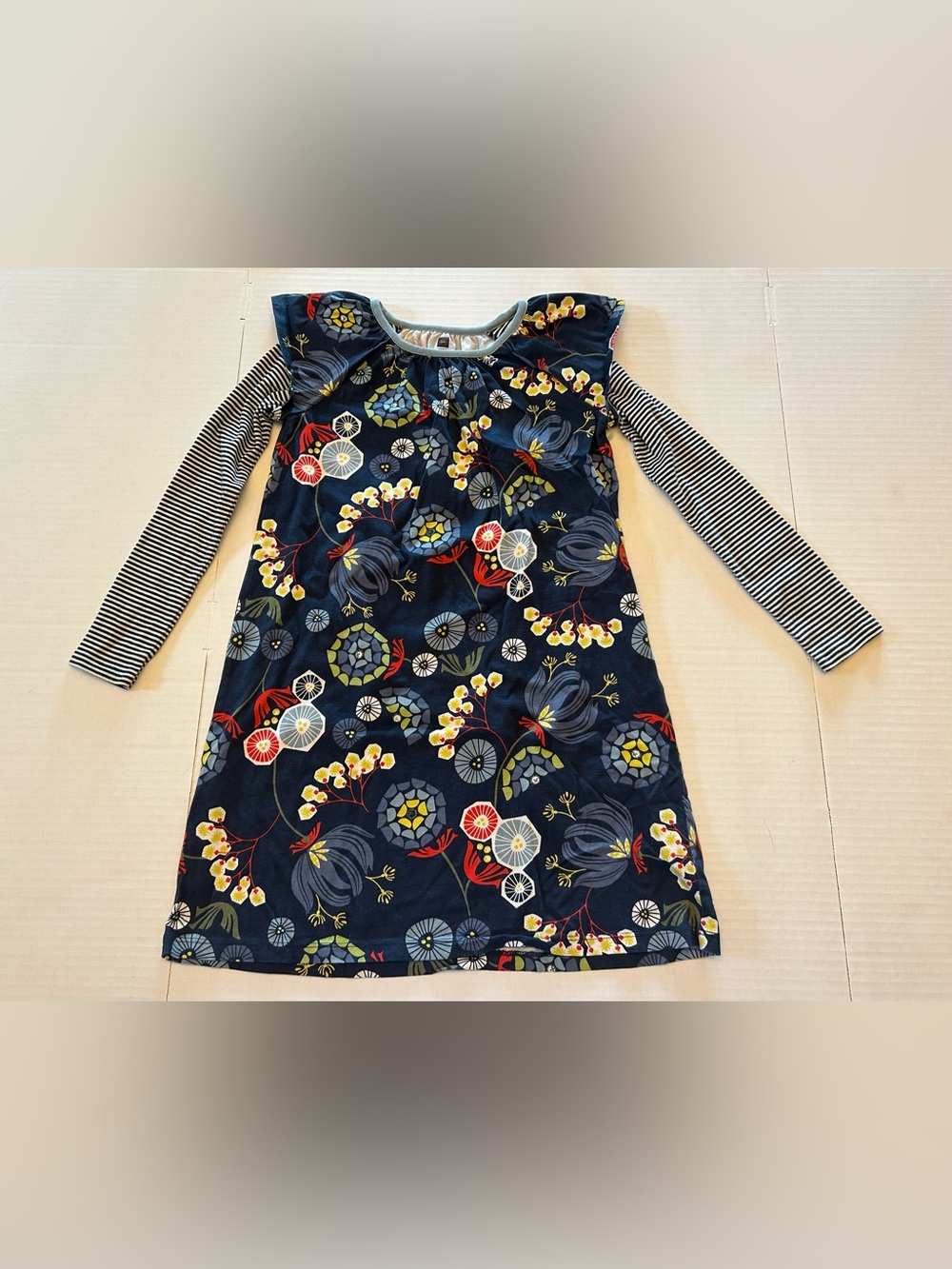 Tea Collection Girls Ruffle Long Sleeve Dress Size 10 Blue Floral Striped Sleeve